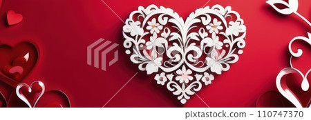 St Valentines day, wedding banner with red ornamental heart on red background. Use for love sale banner, voucher, greeting card. Copy space. Beautiful love background for valentines day greeting card. St Valentines day, wedding banner with red ornamental heart on red background. Use for love sale banner, voucher, greeting card. Copy space. Beautiful love background for valentines day greeting card. 110747370