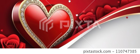 St Valentines day, wedding banner with red ornamental heart on red background. Use for love sale banner, voucher, greeting card. Copy space. Beautiful love background for valentines day greeting card. 110747385