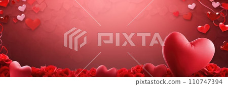 St. Valentines day, wedding banner with abstract illustrated red, pink flying hearts, roses on red background. Use for cute love sale banners, vouchers or greeting cards. Concept love, copy space. St. Valentines day, wedding banner with abstract illustrated red, pink flying hearts, roses on red background. Use for cute love sale banners, vouchers or greeting cards. Concept love, copy space. 110747394