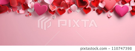 St. Valentines day, wedding banner with abstract illustrated red, pink, white flying hearts on pink background. Use for cute love sale banners, vouchers or greeting cards. Concept love, copy space. 110747398