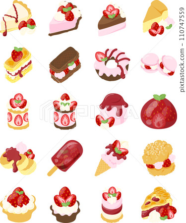 可愛美味的草莓圖標，如蛋糕、冰淇淋、奶油泡芙、餡餅等。 110747559