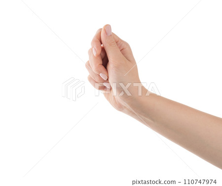 Young woman hand to hold something isolated on white background 110747974