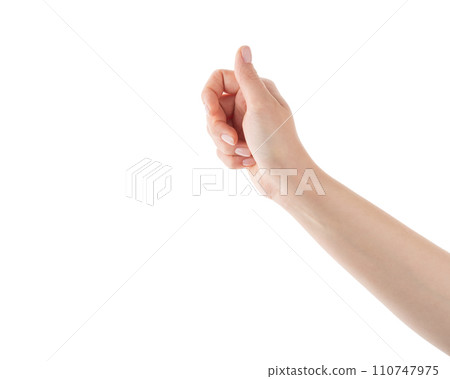 Young woman hand to hold something isolated on white background Young woman hand to hold something isolated on white background 110747975