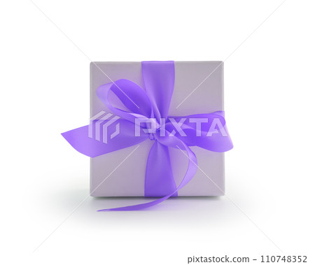 White gift box with violet ribbon bow isolated on white background 110748352