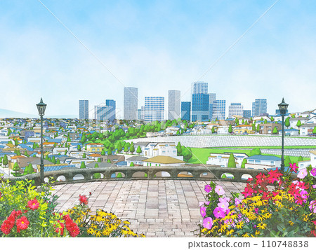 房屋住宅城鎮水彩風格手繪花卉插圖背景 BG 房屋住宅城鎮水彩風格手繪花卉插圖背景 BG 110748838