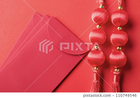 Top view of Chinese New Year red packet with customizable space for text or wishes 110749546