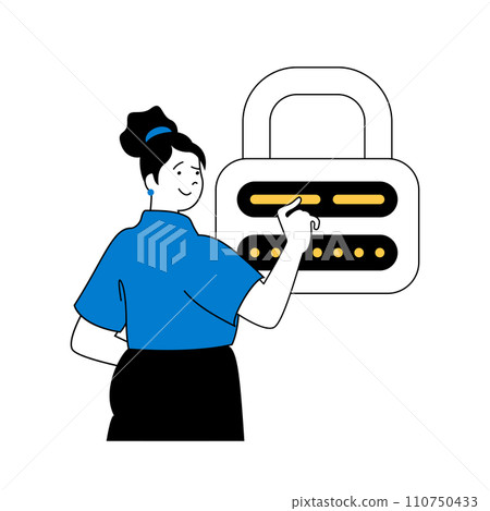 Virtual reality concept with cartoon people in flat design for web. Woman using safety access with password and firewall protection. Vector illustration for social media banner, marketing material. 110750433