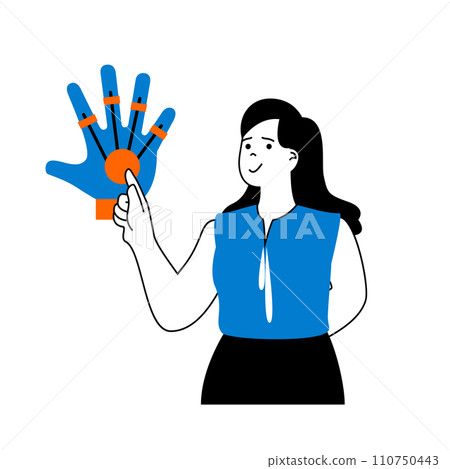 Virtual reality concept with cartoon people in flat design for web. Woman using hand glove with gesture recognition augmented reality. Vector illustration for social media banner, marketing material. Virtual reality concept with cartoon people in flat design for web. Woman using hand glove with gesture recognition augmented reality. Vector illustration for social media banner, marketing material. 110750443