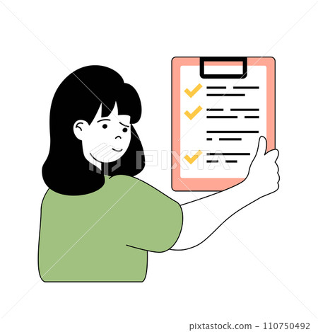 Time management concept with cartoon people in flat design for web. Woman organizes efficiency work with staff schedule and checklist. Vector illustration for social media banner, marketing material. 110750492