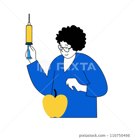 Science laboratory concept with cartoon people in flat design for web. Scientist making genetically modified food and testing fruit. Vector illustration for social media banner, marketing material. 110750498