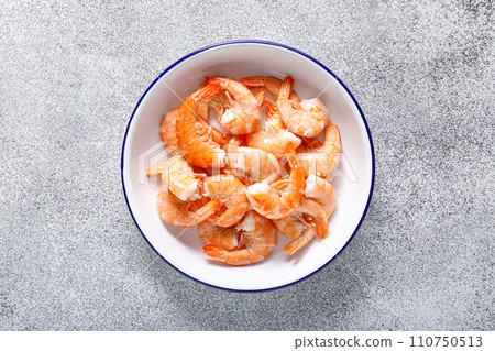 Shrimps on a plate. Healthy food, seafood. Top view 110750513