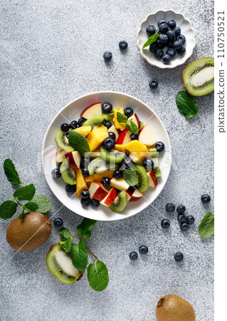 Fruit and berry salad with mango, kiwi, apple, blueberry and fresh mint leaves. Healthy food, diet. Top view 110750521