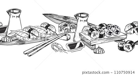 vector seamless border of Japanese food theme with rolls, sushi, sashimi, soy sauce, chopsticks, hand drawn inked monochrome sketch of seafood, food illustration isolated on white background vector seamless border of Japanese food theme with rolls, sushi, sashimi, soy sauce, chopsticks, hand drawn inked monochrome sketch of seafood, food illustration isolated on white background 110750914