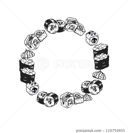 vector wreath of Japanese food theme with rolls, sushi, sashimi, unagi, food illustration, hand drawn inked monochrome sketch of seafood, frame isolated on white background 110750935