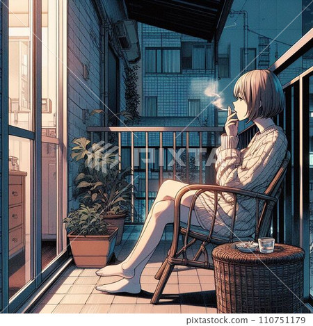 一個短髮的女人坐在陽台上抽煙 一個短髮的女人坐在陽台上抽煙 110751179