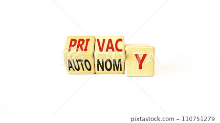 Privacy or autonomy symbol. Concept word Privacy or Autonomy on wooden cubes. Beautiful white table white background. Business privacy or autonomy concept. Copy space. 110751279