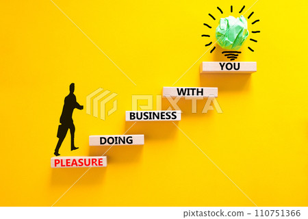 Pleasure doing business with you symbol. Concept words Pleasure doing business with you on wooden blocks. Beautiful yellow table yellow background. Pleasure doing business with you concept. Copy space 110751366