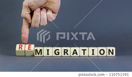 Migration or remigration symbol. Concept word Migration Remigration on beautiful wooden cubes. Beautiful grey background. Businessman hand. Business migration or remigration concept. Copy space. 110751391