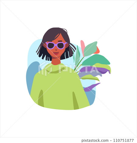 Round avatar of a realistic girl in glasses with a short haircut. Woman in green clothes. Vector illustration. 110751877