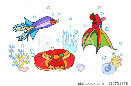 Sea animals. Hermit crab, cuttlefish and squid on a background of algae. Ocean floor. Vector illustration 110751878