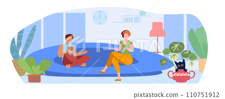A married couple is sitting on the sofa and talking at living room. Joyful man and woman relaxing spending time together at home. Young family enjoy weekend. Cartoon modern flat vector illustration A married couple is sitting on the sofa and talking at living room. Joyful man and woman relaxing spending time together at home. Young family enjoy weekend. Cartoon modern flat vector illustration 110751912