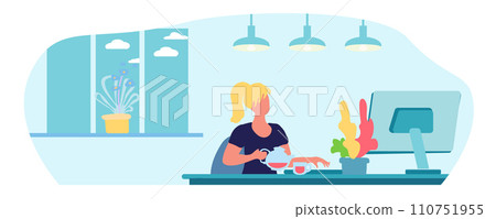 Student at the computer. Remote work concept. Remote work for a freelancer. Interior, evening, lighting, lamps, indoor plants, window, clouds, evening. Cartoon flat vector illustration. 110751955