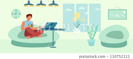 A man is resting in a chair. Self-care, Interior, room, armchair, window, lighting, cup, tea, coffee. Vector illustration. A man is resting in a chair. Self-care, Interior, room, armchair, window, lighting, cup, tea, coffee. Vector illustration. 110752121