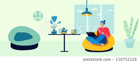 A man is resting in a chair. Scandinavian minimalist interior. Vector illustration. A man is resting in a chair. Scandinavian minimalist interior. Vector illustration. 110752128