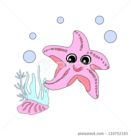 Starfish with bubbles and algae in the ocean. For posters, prints on clothes. Vector 110752183