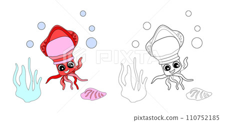 Coloring book Squid with shells, bubbles and algae in the ocean. For posters, prints on clothes. Vector 110752185