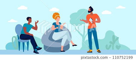 Outdoor recreation with friends, girl and guys.Camping. The girl and the guys are talking. Emotional conversation. Vector illustration 110752199