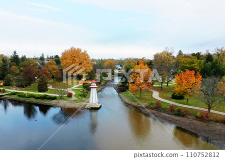 Aerial scene of Wellington Park in Simcoe, Canada in fall 110752812