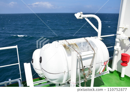 An inflatable life raft installed on a ship An inflatable life raft installed on a ship 110752877