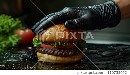 a hand holds a black glove over a hamburger a hand holds a black glove over a hamburger 110753032
