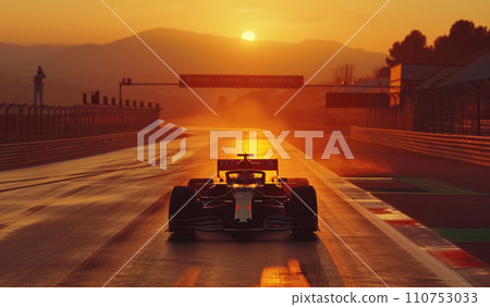 car is driving on an empty race track at sunset, car is driving on an empty race track at sunset, 110753033