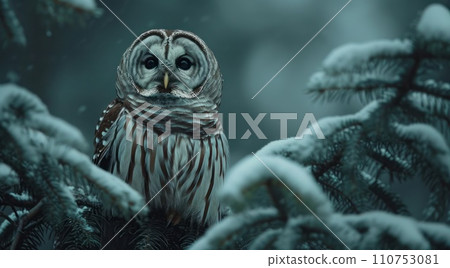 a spruce barred owl is perched on a pine tree branch 110753081