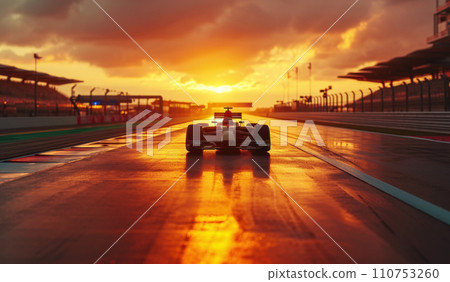 car is driving on an empty race track at sunset, car is driving on an empty race track at sunset, 110753260