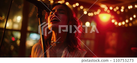 a woman singing into a microphone at a restaurant 110753273