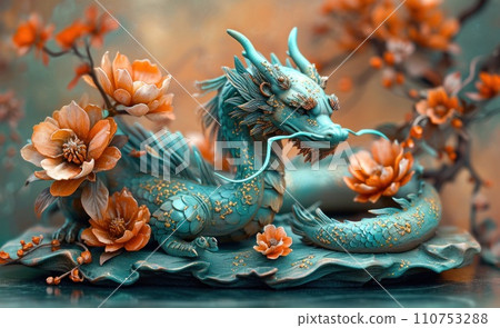 a dragon with flowers on a table 110753288