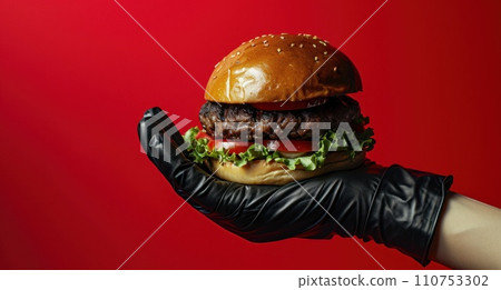 grilled hamburger in a black disposable glove grilled hamburger in a black disposable glove 110753302