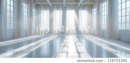 an empty white room with windows and a light reflection an empty white room with windows and a light reflection 110753308