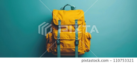 yellow schoolbag with school supplies on a blue background 110753321