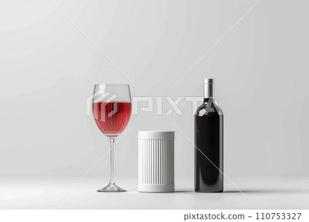 a glass with red wine and a bottle against white background, 110753327