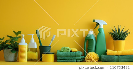cleaning supplies on a yellow background cleaning supplies on a yellow background 110753451
