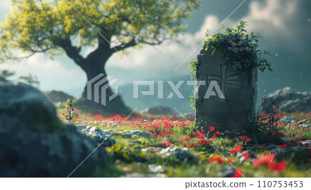 a gravestone beside a tree with the words rip 110753453