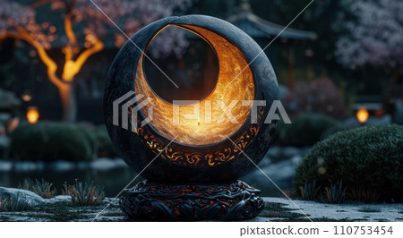 a large black lantern with a crescent and candle a large black lantern with a crescent and candle 110753454