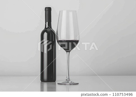 a glass with red wine and a bottle against white background 110753496