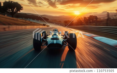 car is driving on an empty race track at sunset car is driving on an empty race track at sunset 110753505