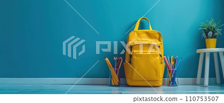 an outfit includes school supplies in the back of yellow backpack an outfit includes school supplies in the back of yellow backpack 110753507