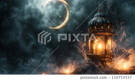 a large black lantern with a crescent and candle 110753557